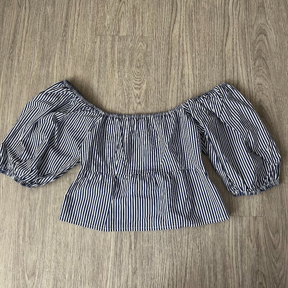 Sim And Sam Blue and White Stripe Off The Shoulder Cropped Top